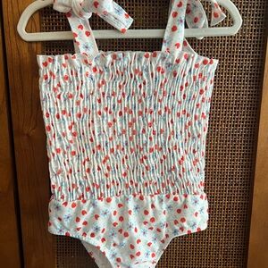 Sal & Pimenta Smocked One-Piece Swimsuit with Red Floral Print